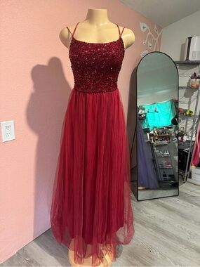 Beaded Burgundy Tulle Prom Dress with Double Spaghetti Straps. Size medium
